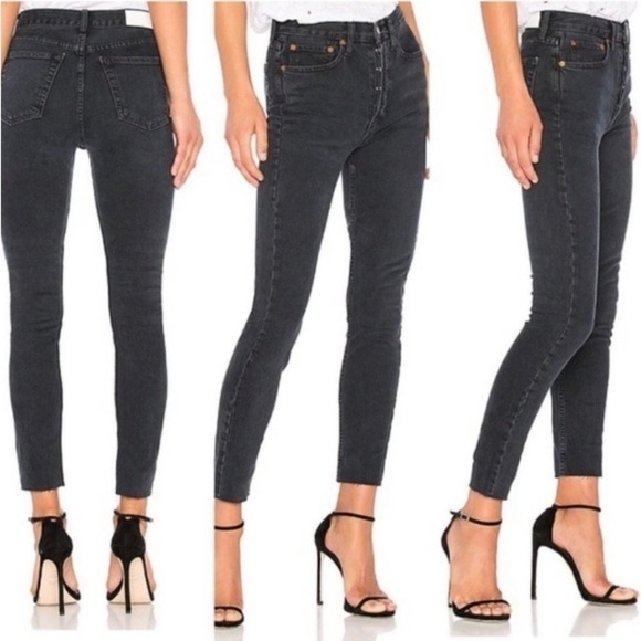 Re/Done Redone Originals High Rise Ankle Raw Hem Crop Faded Black Jeans Size 25 - Picture 2 of 16
